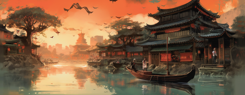 红色江南水乡房屋中国风插画,插画/手绘图,插画/手绘图库,插画/手绘图下载,插画/手绘